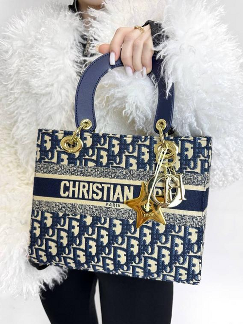 CHRISTIAN DIOR Lady D-Lite Canvas Shoulder Bag (Blue) – Gold Hardware with Brand Box & Dust Bag