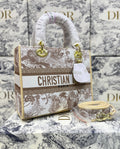CHRISTIAN DIOR Lady D-Lite Canvas Shoulder Bag (Fawn) – Gold Hardware with Brand Box & Dust Bag