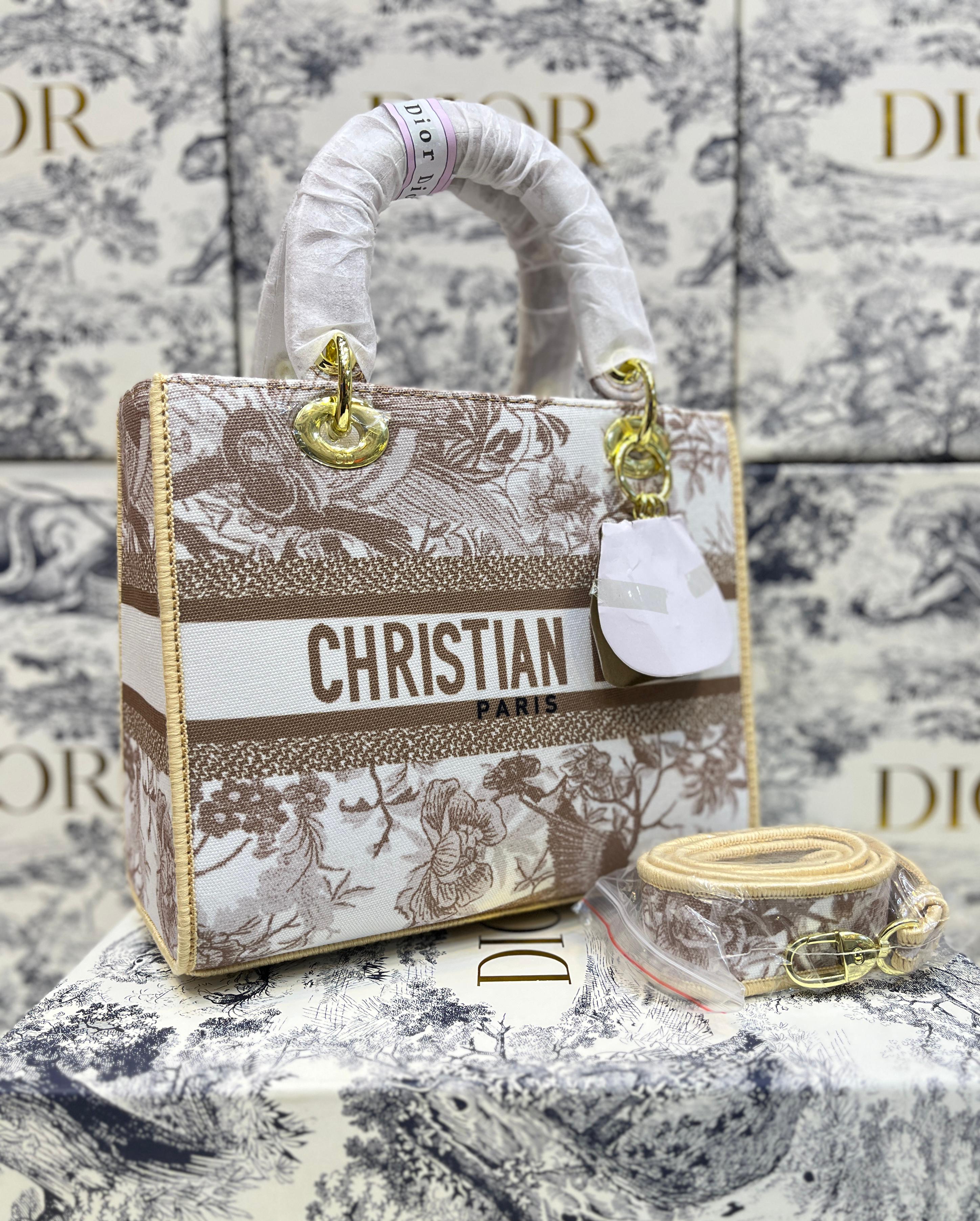 CHRISTIAN DIOR Lady D-Lite Canvas Shoulder Bag (Fawn) – Gold Hardware with Brand Box & Dust Bag