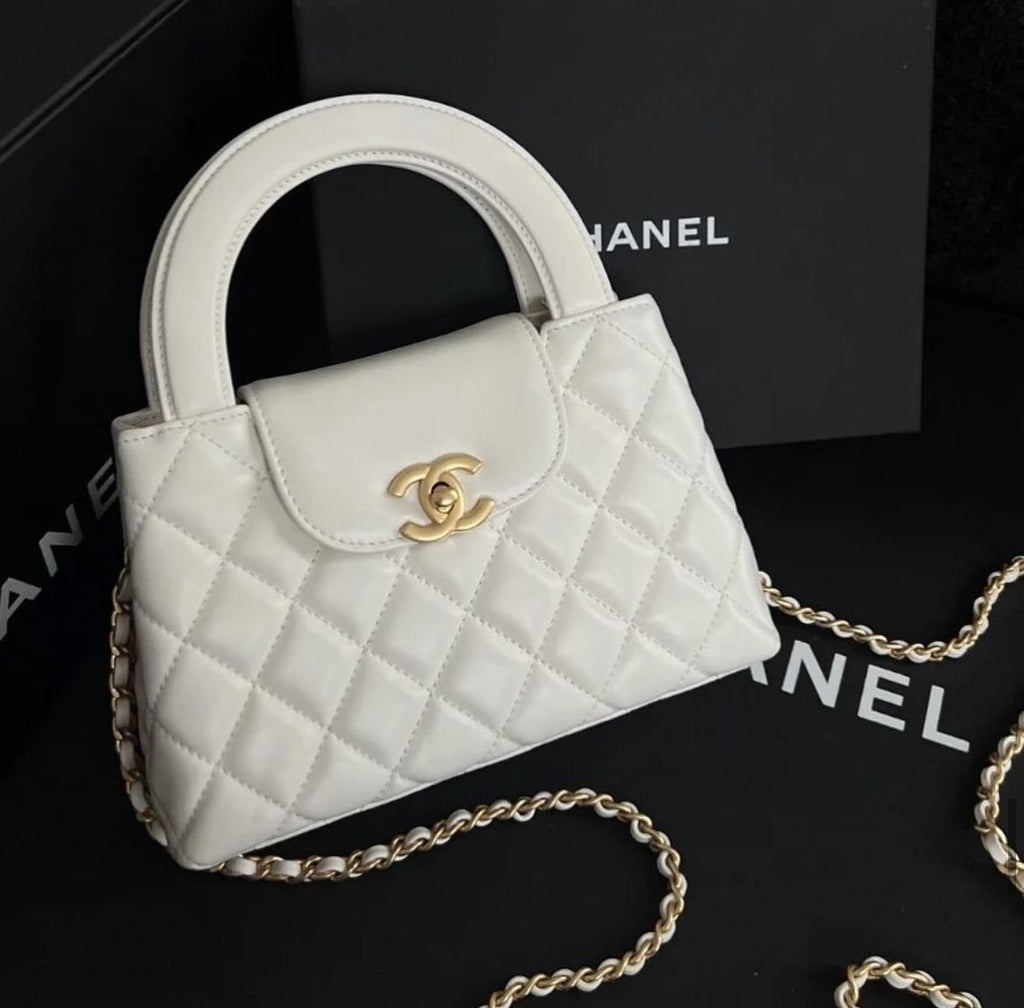 CHANEL White Small Kelly Crossbody Bag with Long Chain – Full Set